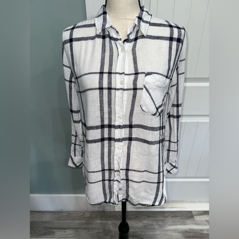 Rails Charli Linen Blend Plaid button up shirt vanilla/navy size XS - Picture 4 of 8
